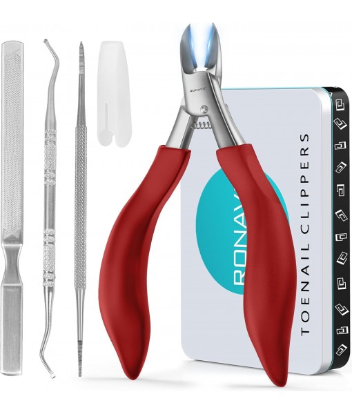 Nail Clippers Set - Ingrown Toenail Treatment & Toenail Clippers for Thick Nails,Heavy Duty Professional Toe Nail Clippers for Men/Elderly, Large Toenail Scissors with Safety Long Strong Handle (Red)