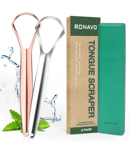 RONAVO Tongue Scraper (2 Pack), Tongue Cleaner Cure Bad Breath, Tongue Cleaners Stainless Steel, Metal Tongue Scrapers for Adults Fresher Breath in Seconds