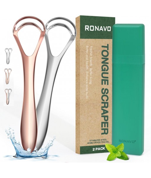 New Upgrade Tongue Scraper with Dual Scraping Head Fight Bad Breath, Metal Tongue Cleaner Help Oral Hygiene, Tongue Scraper for Adults and Kids, Two Colors in Pack, Travel Friendly, by RONAVO