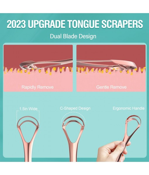 New Upgrade Tongue Scraper with Dual Scraping Head Fight Bad Breath, Metal Tongue Cleaner Help Oral Hygiene, Tongue Scraper for Adults and Kids, Two Colors in Pack, Travel Friendly, by RONAVO