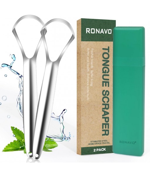 RONAVO Tongue Scraper for Adults, 2 Pack Tongue Scrapers for Oral Hygiene and Fresh Breath, Stainless Steel Tongue Cleaner with Case, Dentist Approved, Easy to Use and Clean