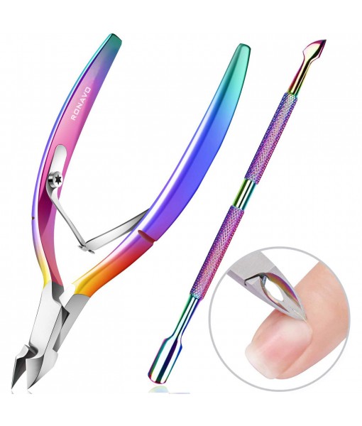 Cuticle Trimmer with Cuticle Pusher - Cuticle Cutter Nipper Clipper RONAVO Dead Skin Remover Scissor Plier Durable Manicure Pedicure Tools for Fingernails and Toenails Chameleon